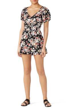 Louna Puff Sleeve Romper Women's Medium Black Floral  V-Neck Short Sleeve RTR